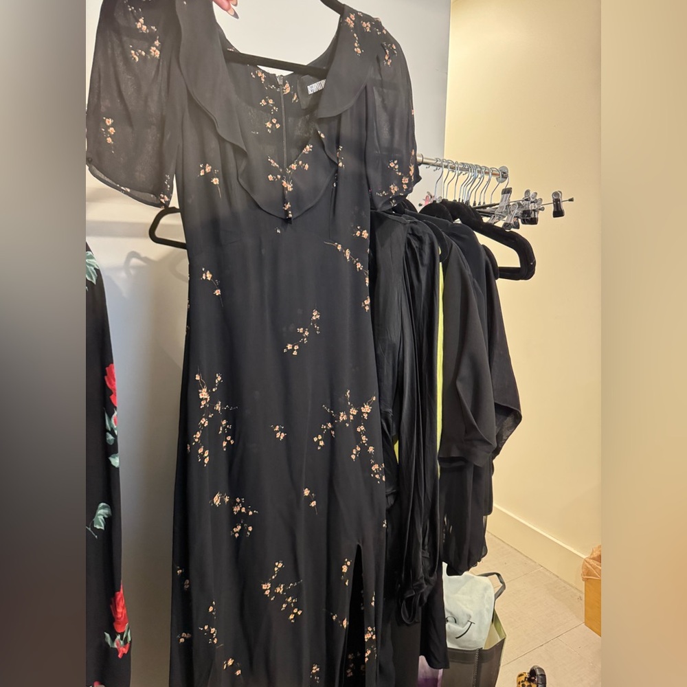 Reformation Black Midi Dress with Blush Floral Print
